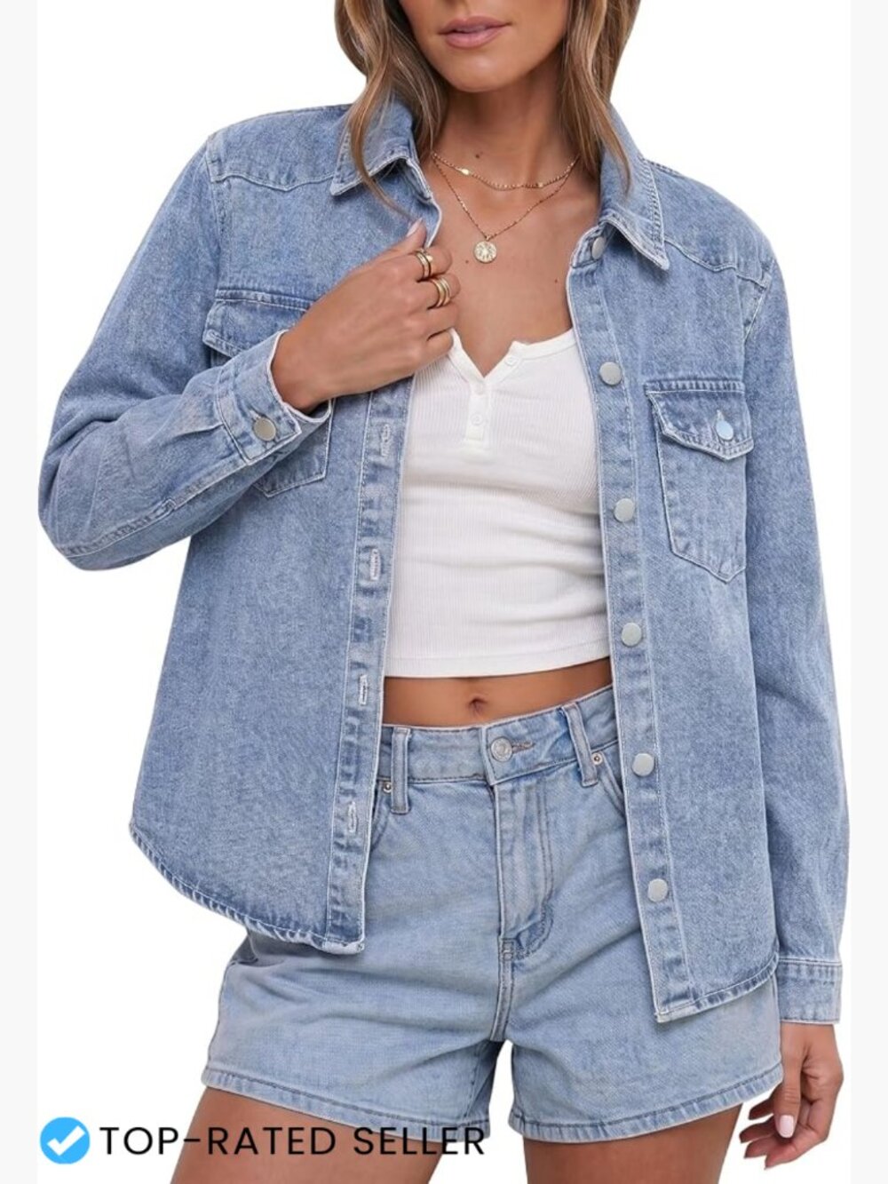 Distressed Denim Jacket Women Trendy Long Sleeve Trucker Shacket Classic Button